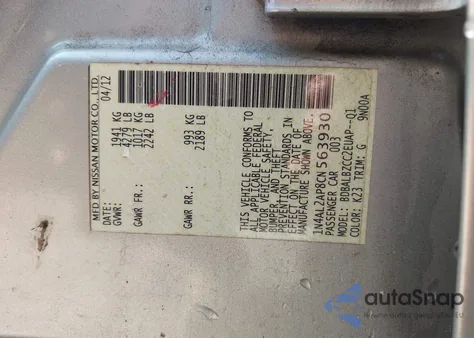 2012 Nissan Altima 2.5 S z USA, uszkodzony, nr VIN 1N4AL2AP8CN563930